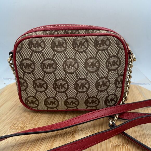 Michael Kors Tan Monogram Mini Crossbody Bag Red Leather Trim Chain Strap - Picture 3 of 12